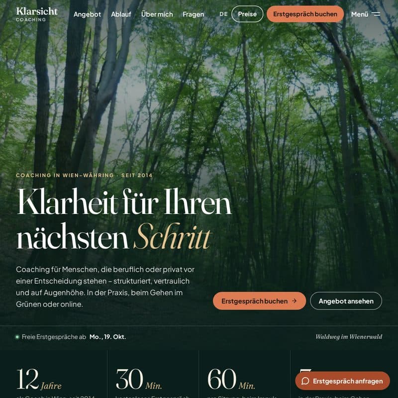 Homepage für Coaches – Vorlage im Design Editorial, Beispiel Klarsicht Coaching