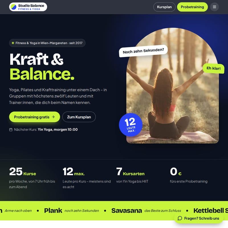 Homepage für Fitness- & Yogastudios – Vorlage im Design Bold, Beispiel Studio Balance