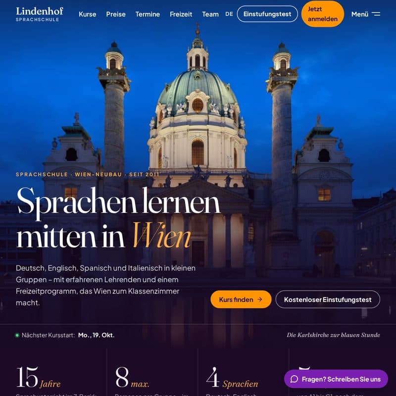 Homepage für Sprachschulen – Vorlage im Design Editorial, Beispiel Sprachschule Lindenhof