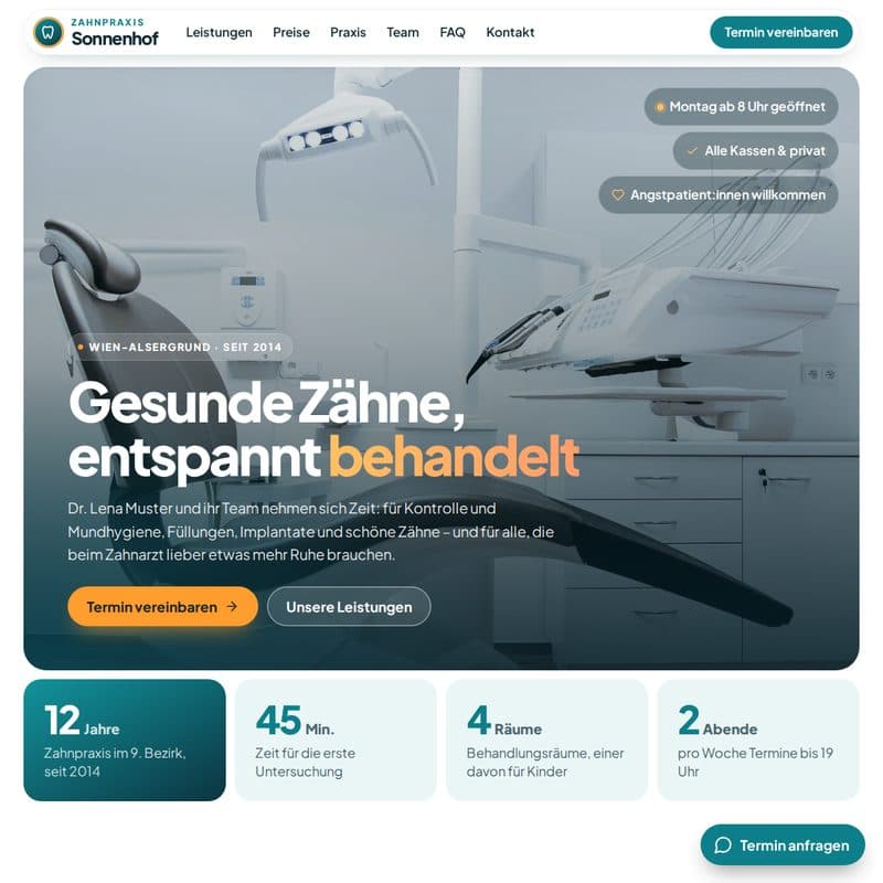 Homepage für Zahnarztpraxen – Vorlage im Design Modern, Beispiel Zahnpraxis Sonnenhof